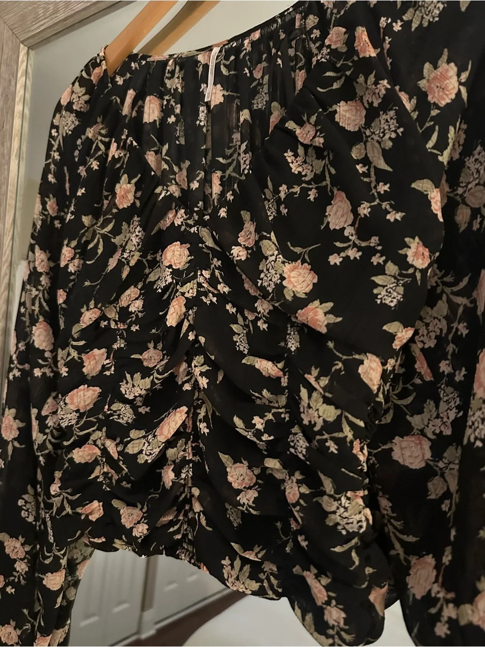 Free People Black And Pink Floral Rose Smocked Long Sleeve Boho Crop Blouse XS